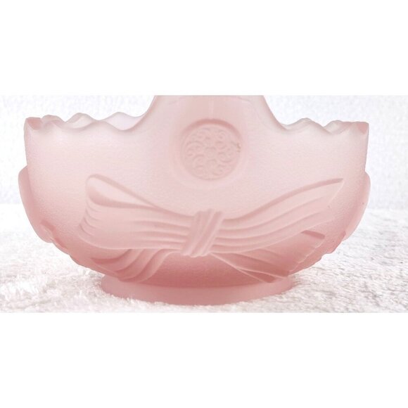 Lenox Imperial Pink Satin Glass Basket Split Handle 5" Button&Bows Pattern 80s - Picture 6 of 9